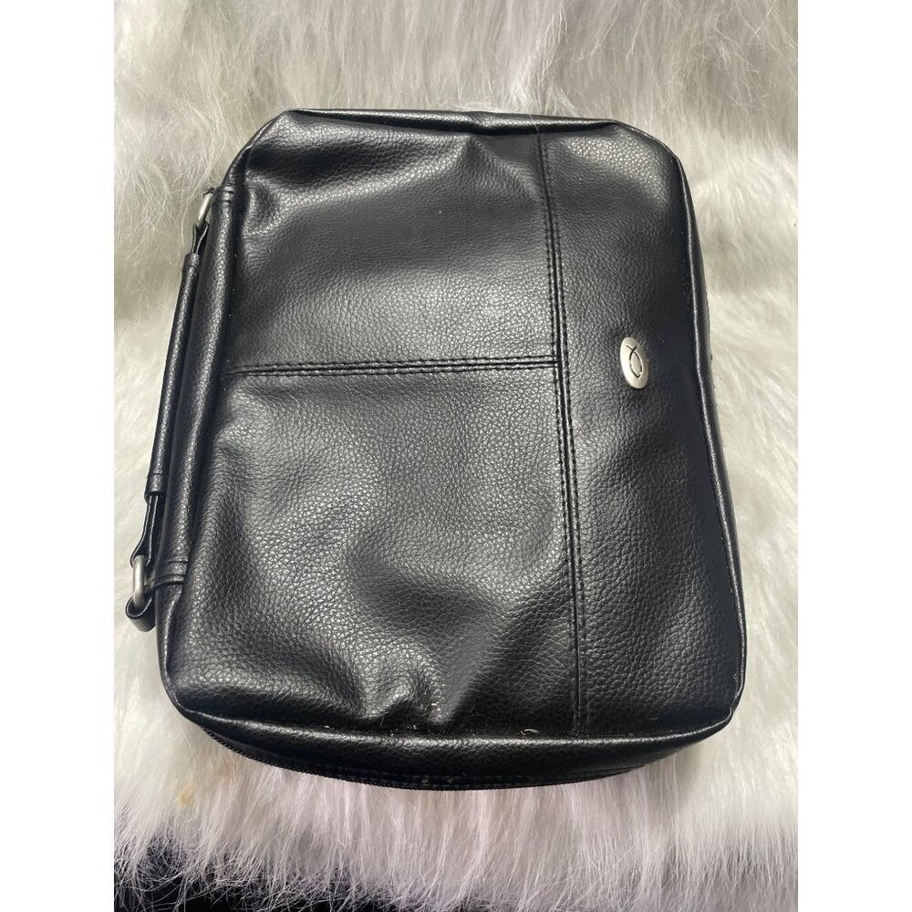 Black Faux Leather Bible Organizer Bag With Multiple Compartments & Zipper Closu